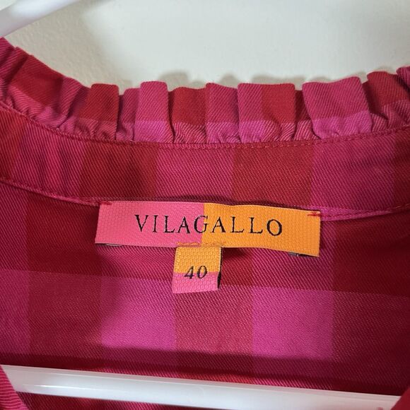 Vilagallo Top Womens 40 Red Pink Plaid Button Up Summer Preppy Beach Casual - Picture 4 of 9